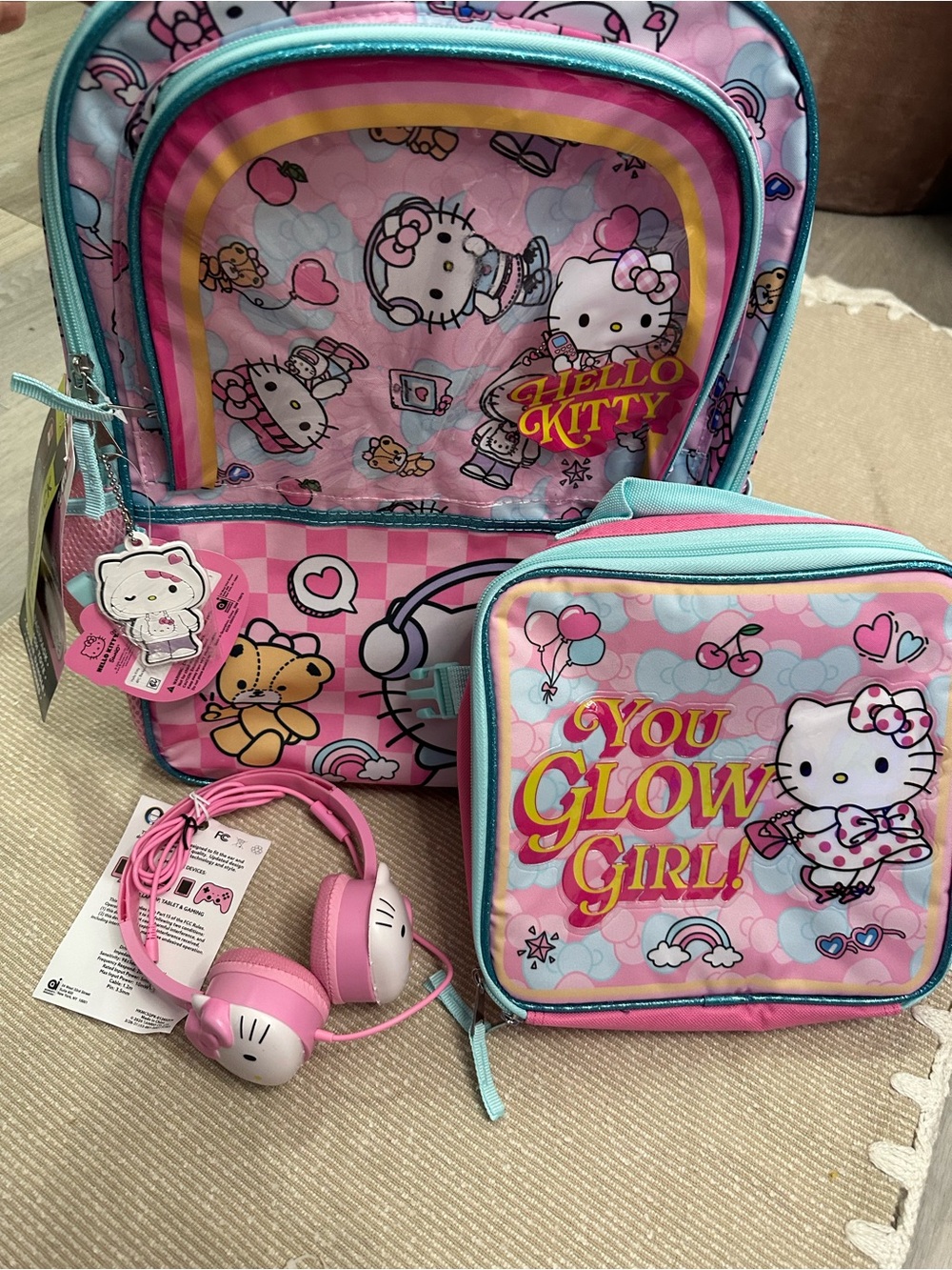 Hello Kitty Pink & Light Blue Backpack Lunchbox Set with Headphones 4- pieces